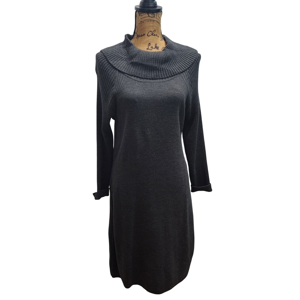 Jessica Howard Charcoal Gray Knit Cowl Neck‎ Long Sleeve Sweater Dress Size L